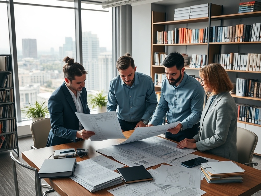 Четыре человека обсуждают планы, стоя вокруг стола в офисе с книжными полками и видом на город.