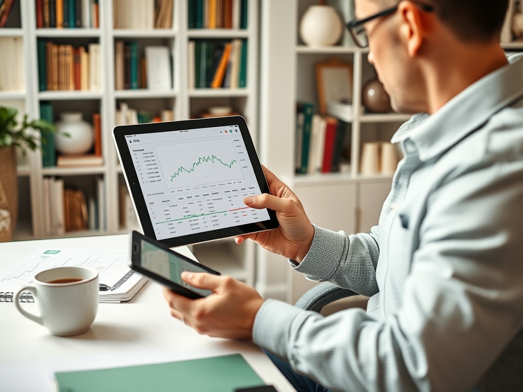 Человек с планшетом и смартфоном изучает финансовые графики, на столе чашка кофе и блокнот.