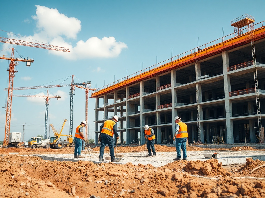 Строители в касках и жилетах работают на строительной площадке под голубым небом с облаками.