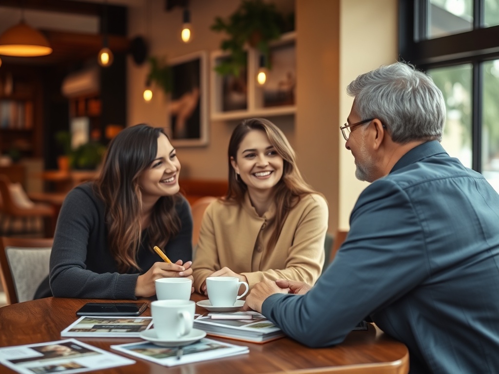 Трое людей беседуют за столом в кафе, на столе чашки и документы, атмосфера дружелюбная и непринужденная.