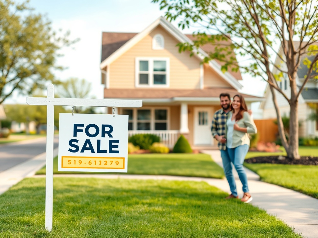 На изображении дом с вывеской "Продается" и парой, стоящей рядом на фоне зеленого газона.