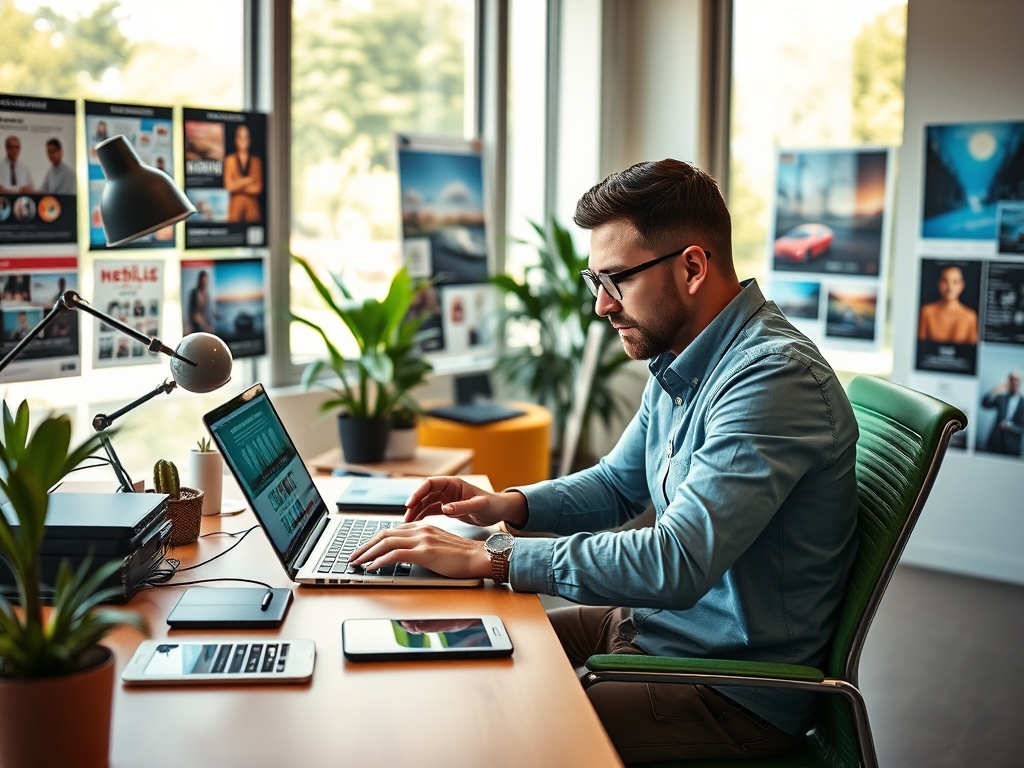 Молодой человек работает за столом в современном офисе, окружённом растениями и постерами.