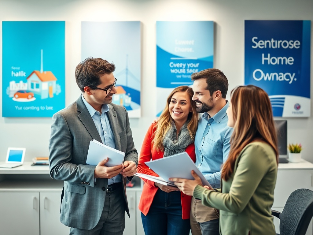 В офисе несколько человек обсуждают документы и улыбаются, атмосфера дружелюбная и деловая.