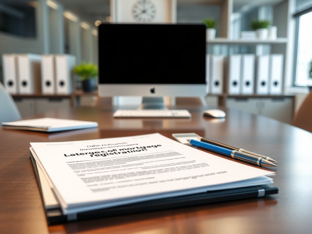 На столе лежат бумаги, ручки и компьютер в офисной обстановке с папками на заднем фоне.