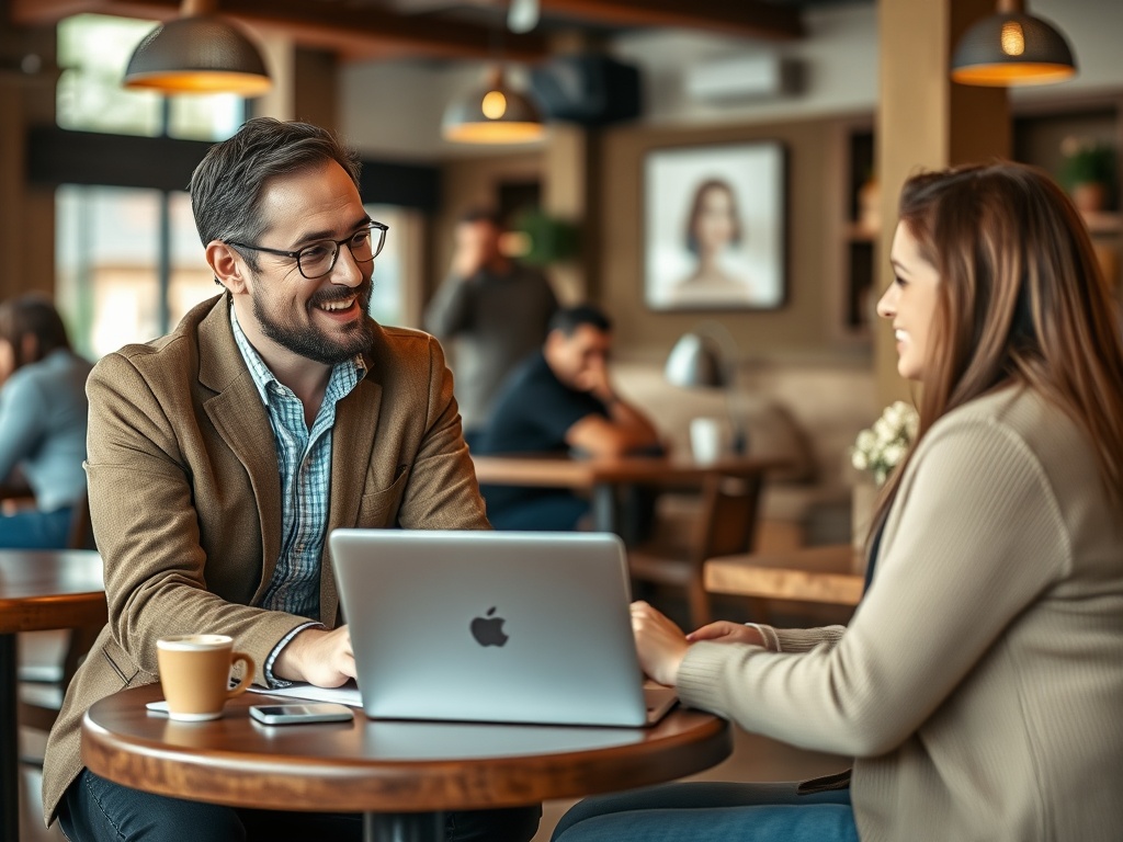 Два человека улыбаются и общаются в кафе за столом с ноутбуком и чашкой кофе.