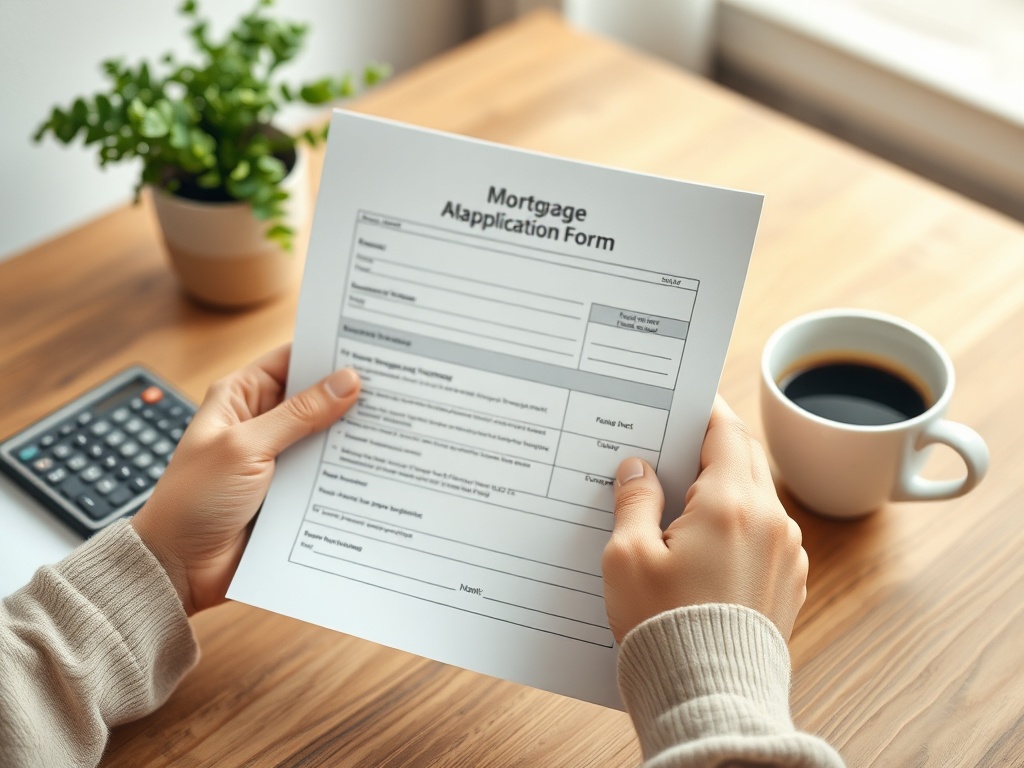 Форма заявки на ипотеку в руках человека. На столе калькулятор и чашка кофе.